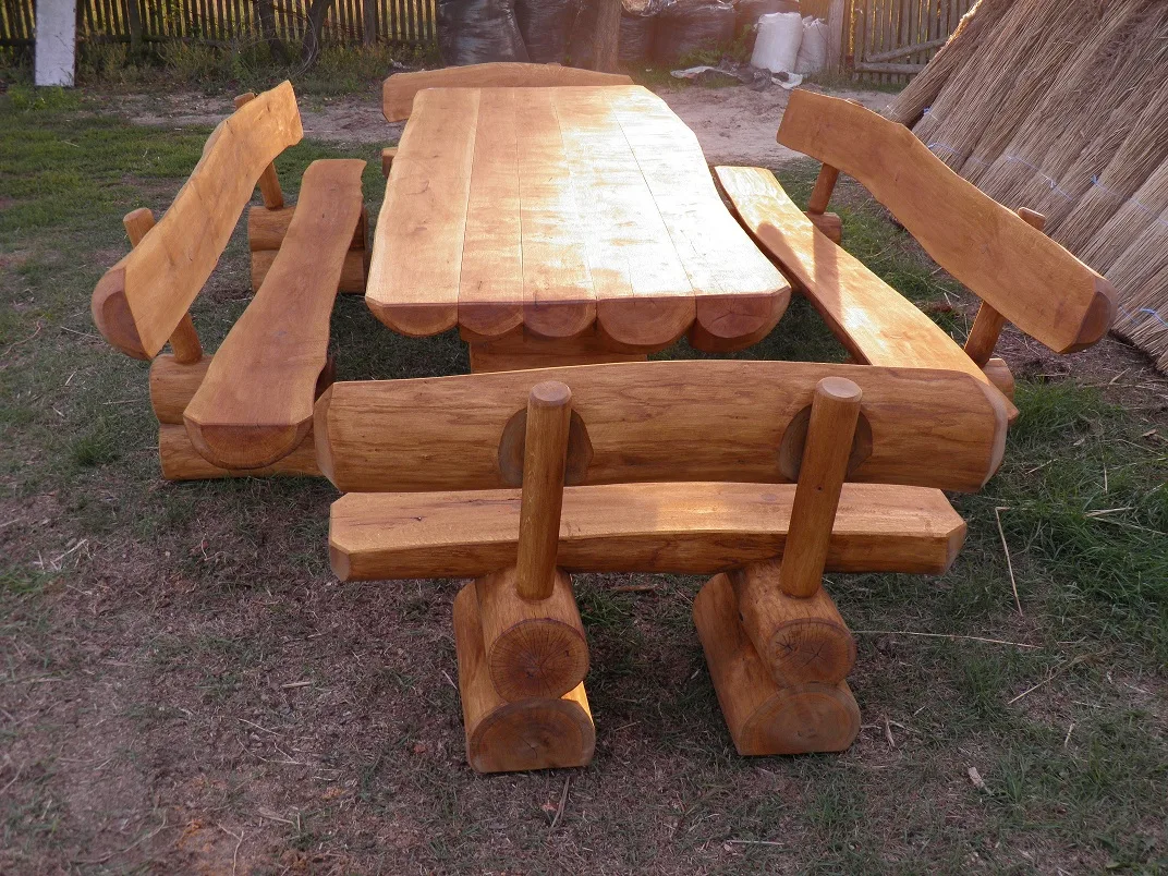 Meble ogrodowe drewniane – stół z ławkami, tartak Turek